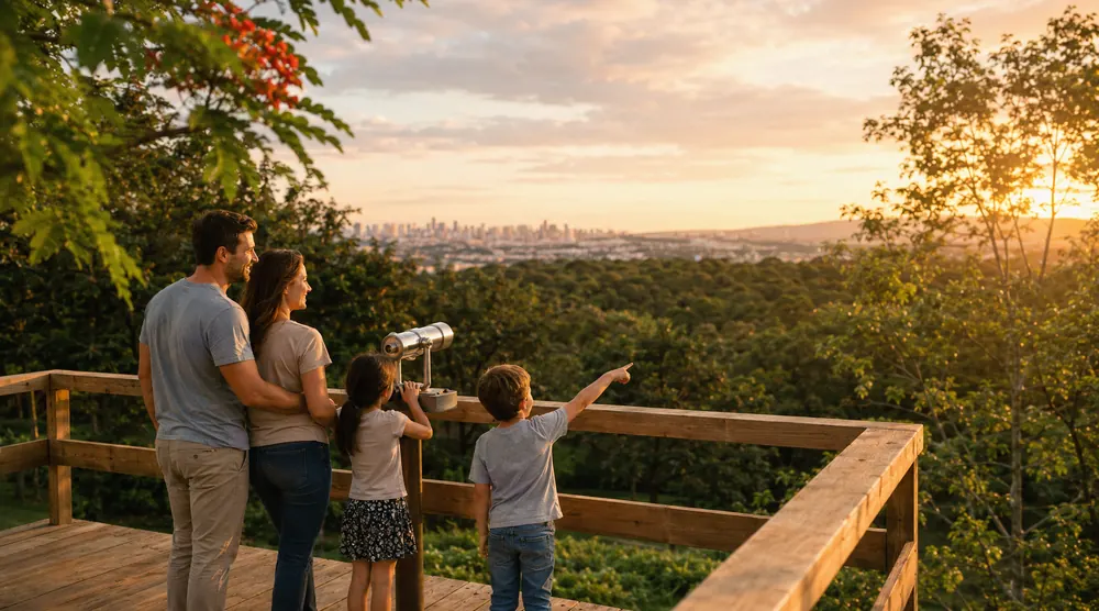Família observando a vista do mirante com binóculos