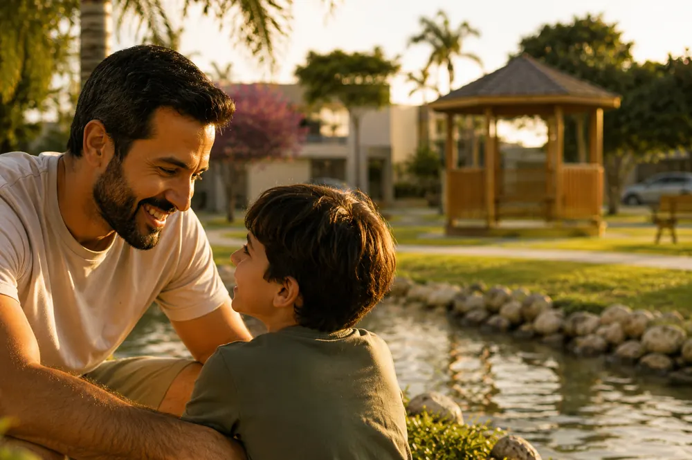 Pai e filho conversando à beira do lago na Praça Central