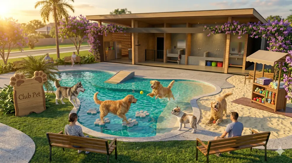 Cães brincando na piscina do Club Pet