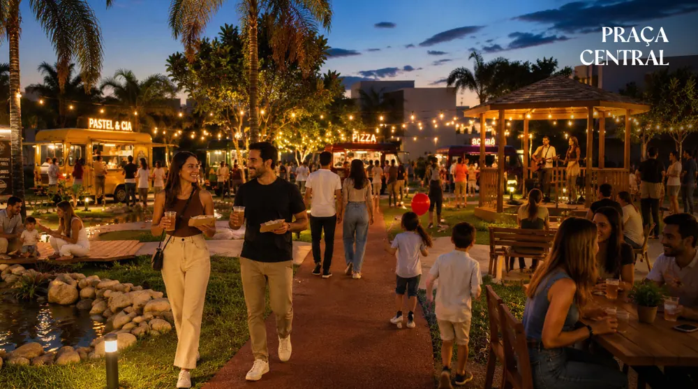 Praça Central à noite, com food trucks e música ao vivo