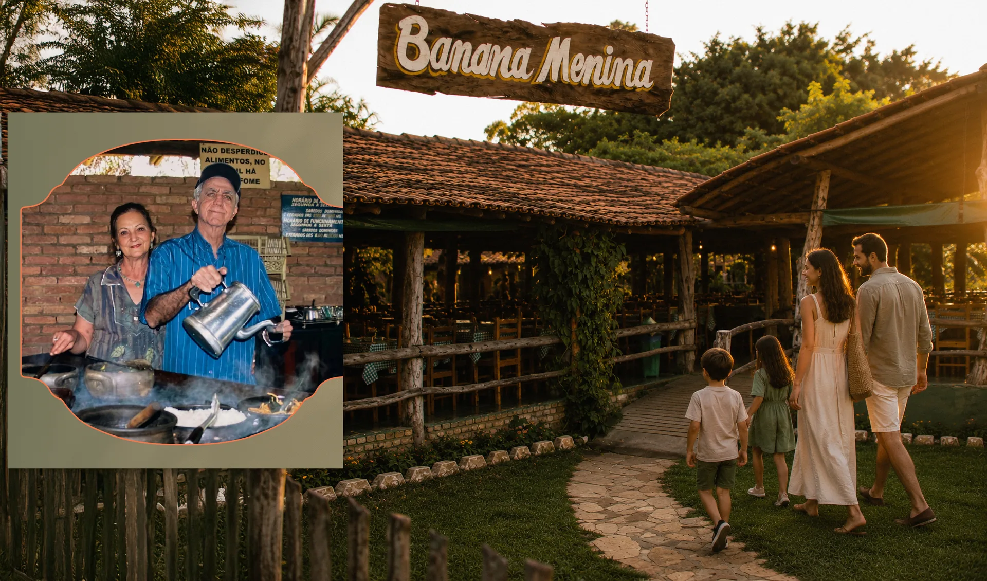 Sr. Mozart e Dona Mércia, fundadores do antigo restaurante Banana Menina, sobre a foto da entrada do restaurante ao entardecer