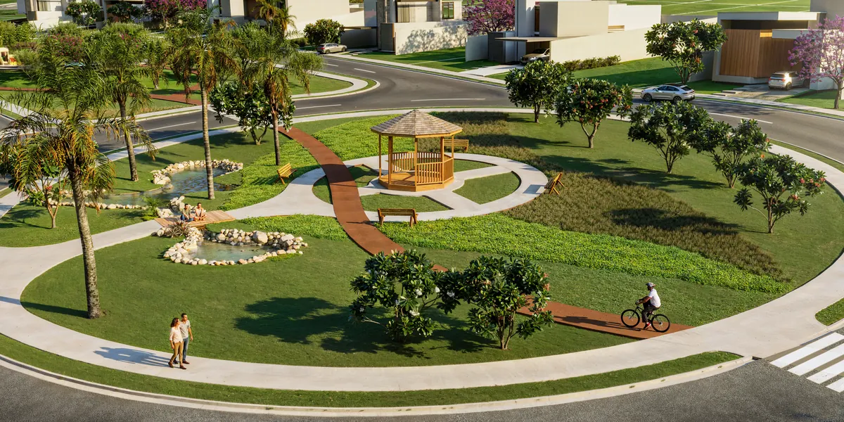 Praça Central: coreto, espaço de convivência e gramado multiuso