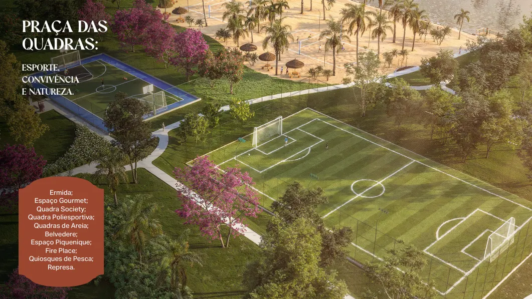 Praça das Quadras: quadras esportivas, ermida e represa com quiosques de pesca
